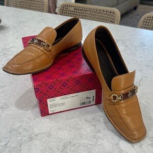 Tory Burch Caramel Leather Loafers with Gold Accents
